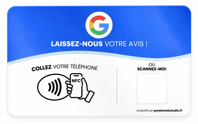 Véritable visuel de la carte NFC Gwada Web Studio pour avis Google, avec zone réservée au QR code personnalisé